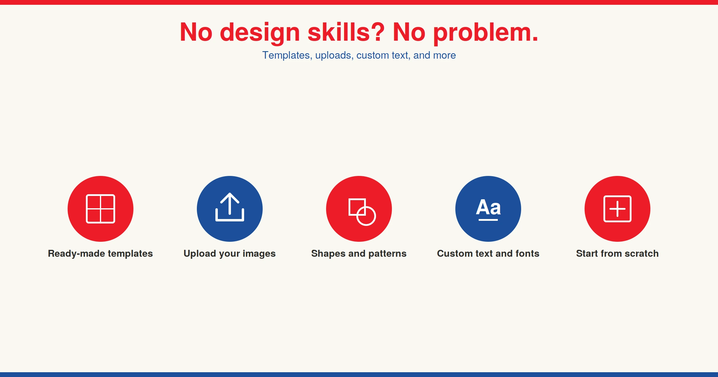Icon graphic showing five things you can do with The Playing Card Factory's online design tool: use ready-made templates, upload your own images, add shapes and patterns, customize text and fonts, and start from scratch.