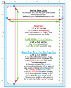 image Card design template showing bleed, cut, and safe area guidelines for custom playing cards
