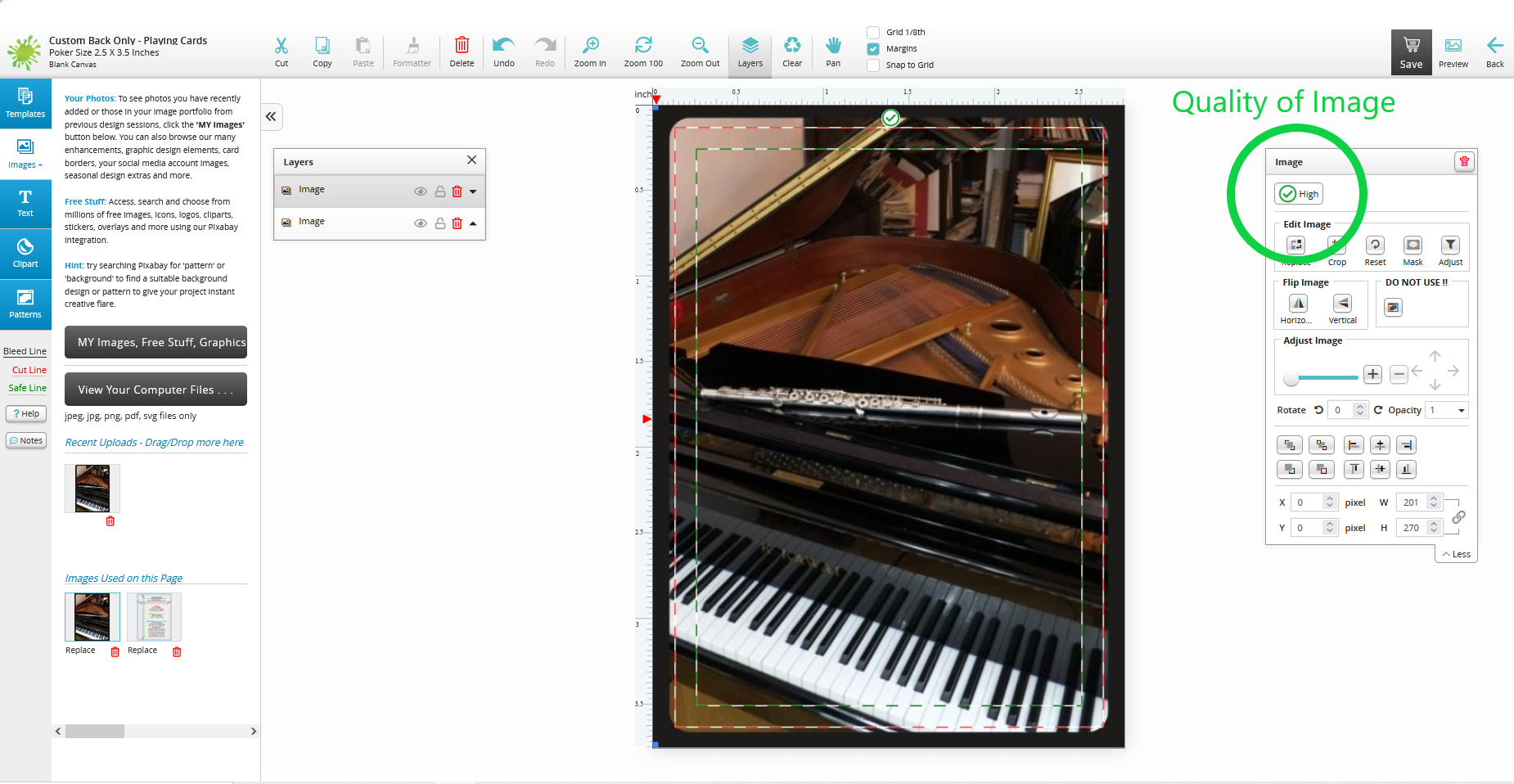 Image Quality Check in Designer Tool Screenshot of the Playing Card Factory design tool showing a piano photograph uploaded as a playing card back design, with the image quality indicator displaying "High" in the right-hand panel.