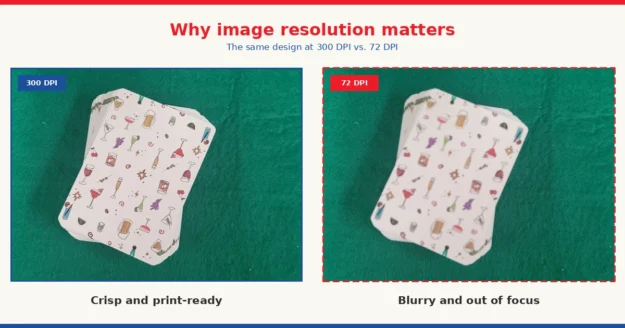 image-resolution-featured-image Side-by-side comparison of a custom playing card design at 300 DPI versus 72 DPI, showing the sharp, print-ready version next to a softer, lower-resolution version.