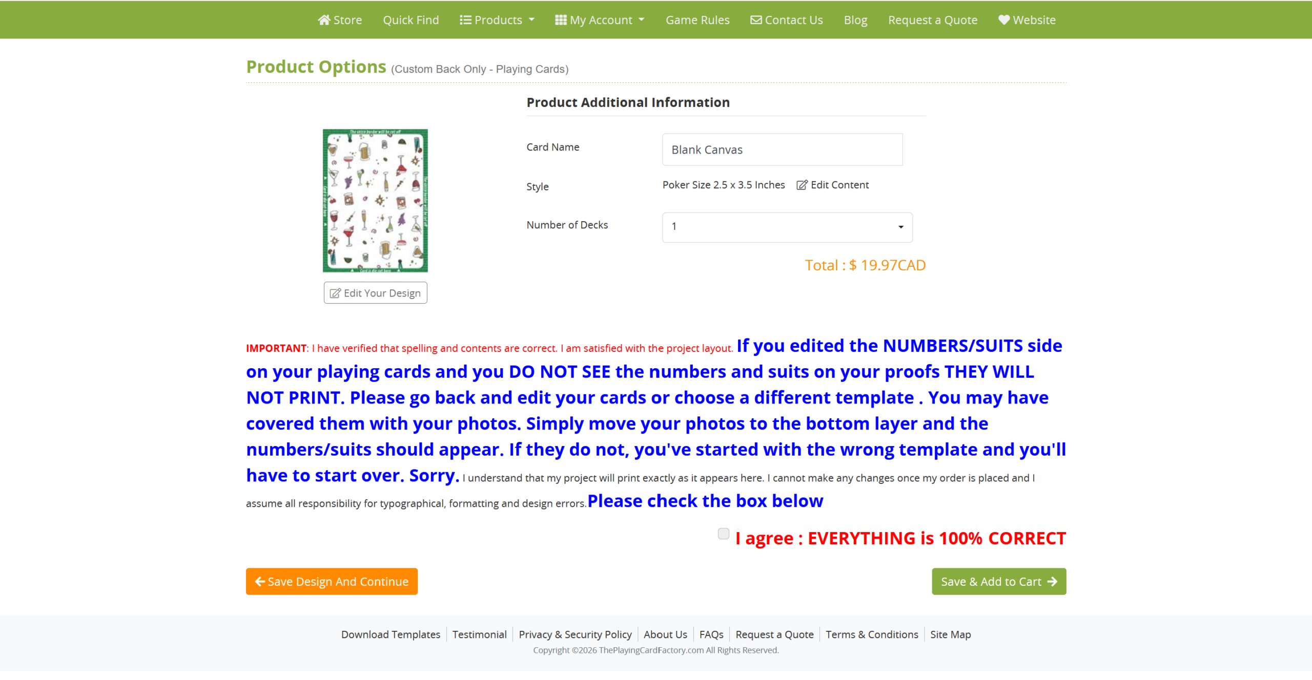 review order Step 4: Product options and order review page for custom playing cards on The Playing Card Factory