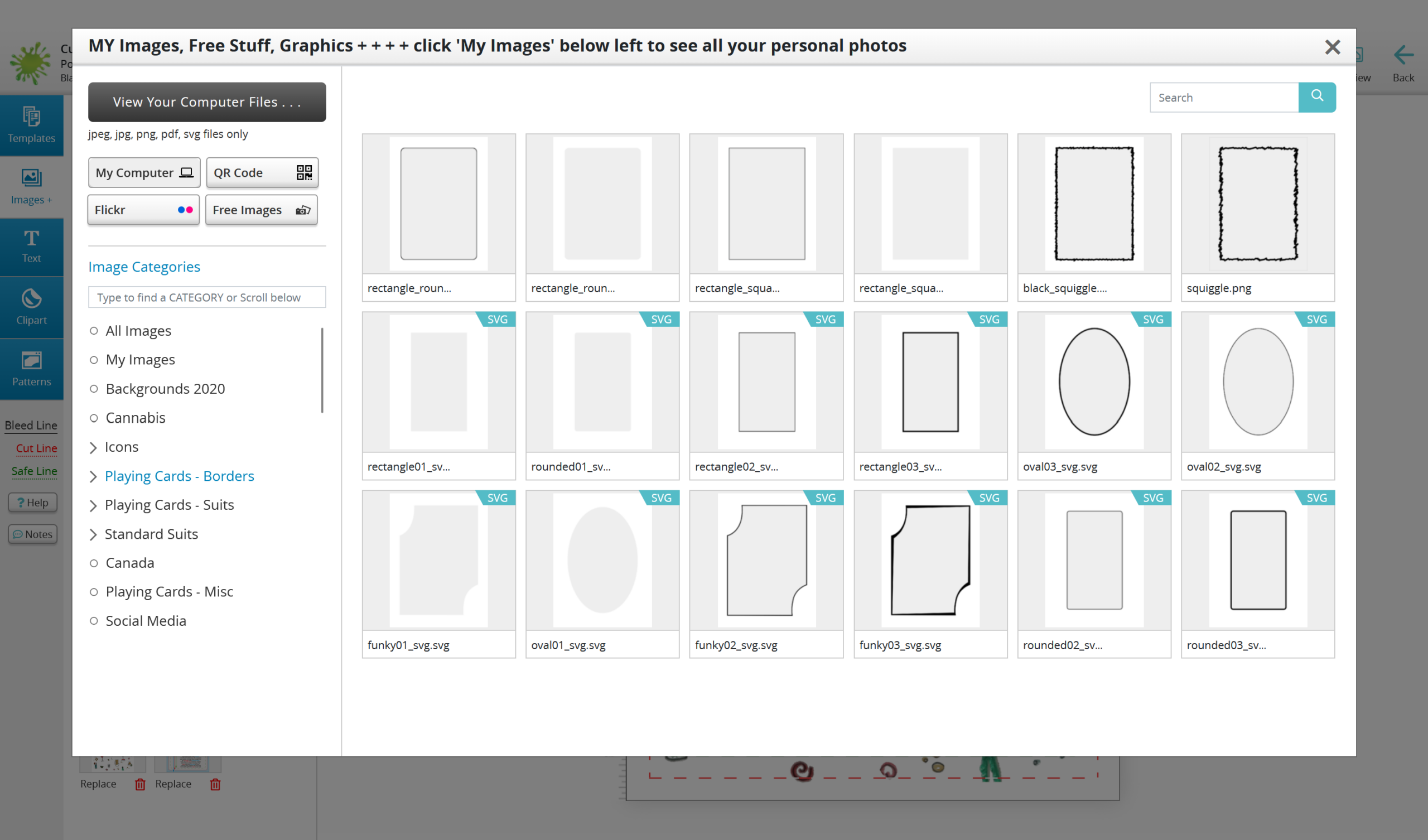 select border Step 3: Border design selection menu in The Playing Card Factory online design tool