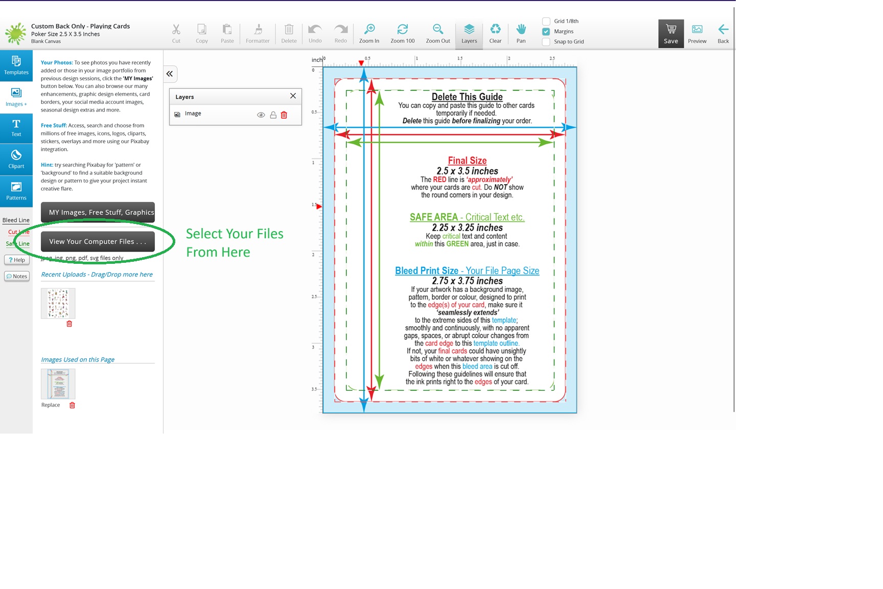 select file Step 1: Uploading a photo using the "View Your Computer Files" button in The Playing Card Factory design tool